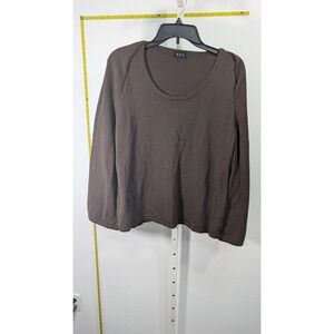 R.Q.T. Brown Knit Twin Set Cardigan Scoop Neck‎ Top Roll Tab Sleeve Brass Button
